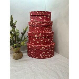 Set of 4 Red Floral Nesting Oval Storage Boxes Vintage Style Newspaper Lining